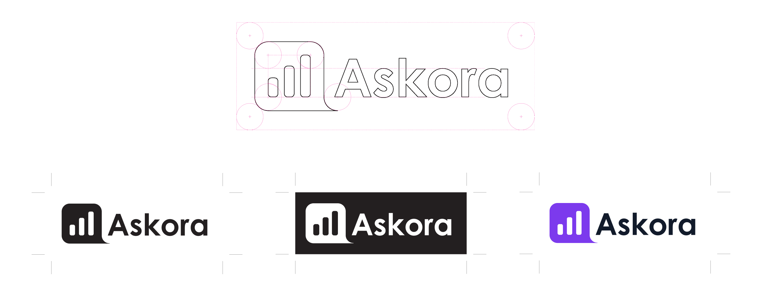 Askora logo — construction grid and colour variants